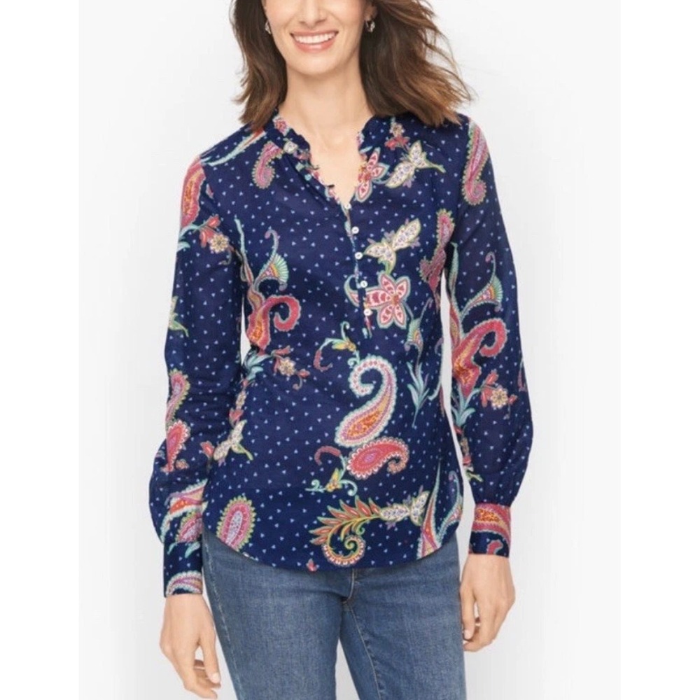 Talbots Womens M Navy Blue Paisley Heart Print Cotton Ruffle Blouse Boho Coastal